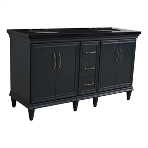 61 in. Double Wooden Vanity Dark Gray Black Galaxy Granite Oval Sink