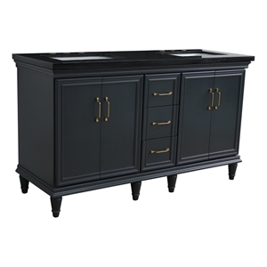 61 in. Double Wooden Vanity Dark Gray Black Galaxy Granite Rectangle Sink