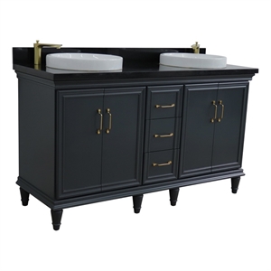 61 in. Double Wooden Vanity Dark Gray Black Galaxy Granite Round Sink