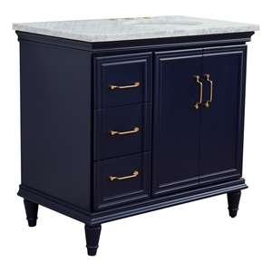 37 in. Single Wooden Vanity  Blue White Carrara Oval Right Door.Right Sink