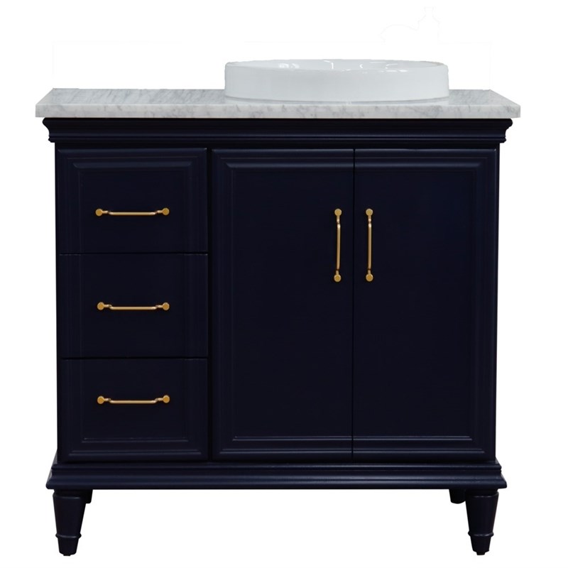 37 in. Single Wooden Vanity  Blue White Carrara Round Right Door.Right Sink