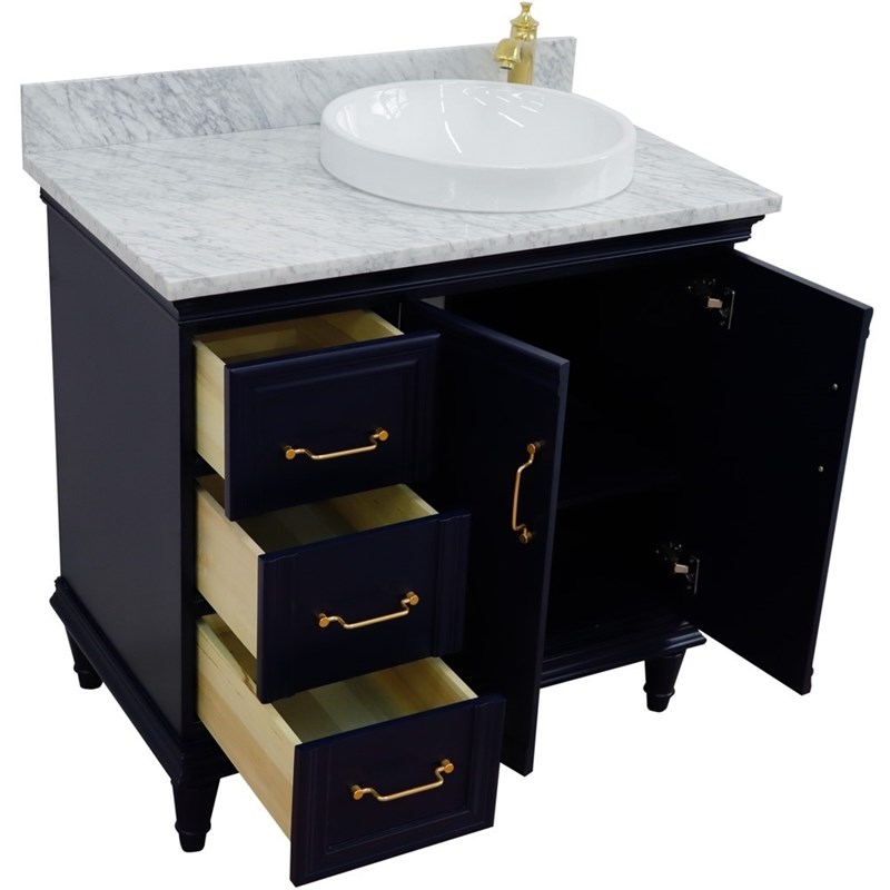 37 in. Single Wooden Vanity  Blue White Carrara Round Right Door.Right Sink