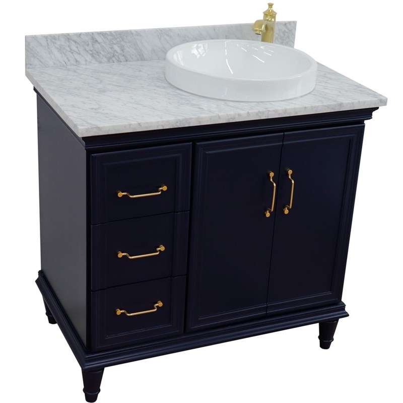 37 in. Single Wooden Vanity  Blue White Carrara Round Right Door.Right Sink
