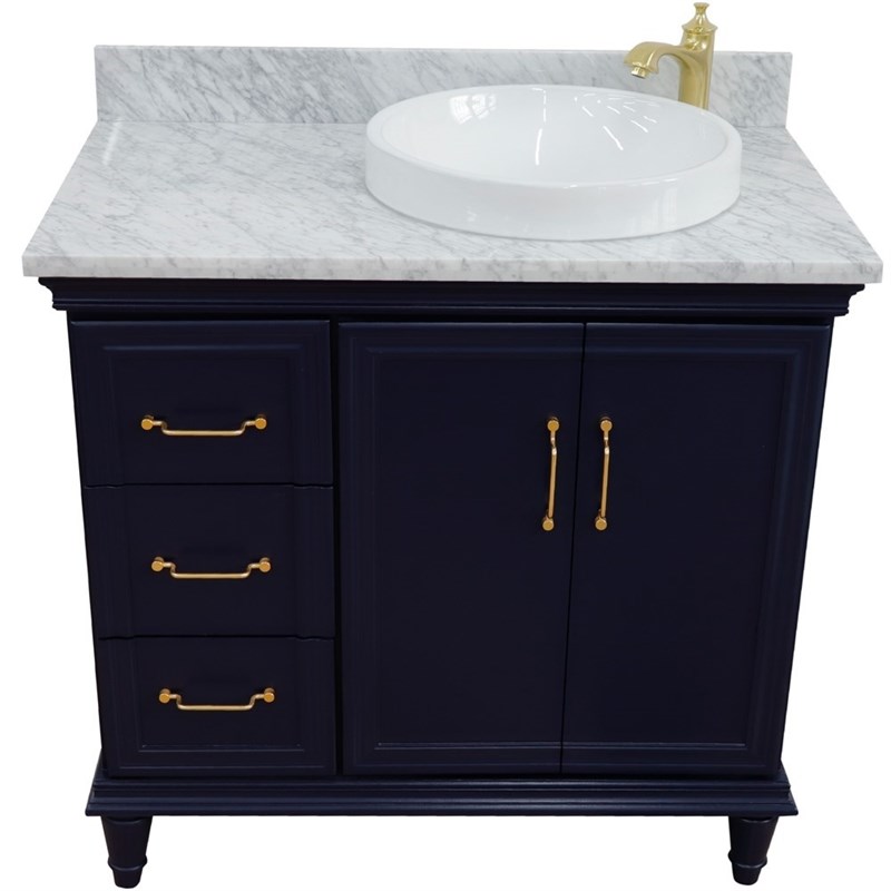 37 in. Single Wooden Vanity  Blue White Carrara Round Right Door.Right Sink