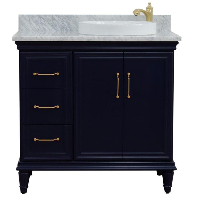 37 in. Single Wooden Vanity  Blue White Carrara Round Right Door.Right Sink