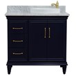 37 in. Single Wooden Vanity  Blue White Carrara Round Right Door.Right Sink