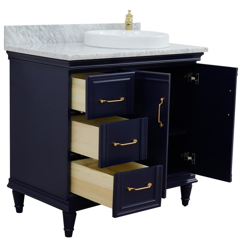 37 in. Single Wooden Vanity  Blue White Carrara Round Right Door.Right Sink
