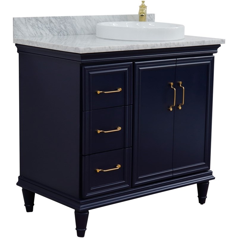 37 in. Single Wooden Vanity  Blue White Carrara Round Right Door.Right Sink