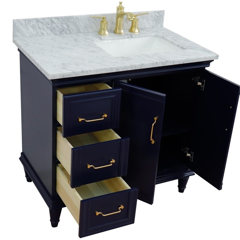 37 in. Single Wooden Vanity  Blue White Carrara Rectangle Right Door.Right Sink
