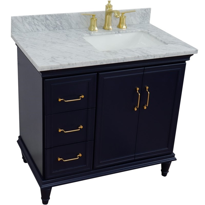 37 in. Single Wooden Vanity  Blue White Carrara Rectangle Right Door.Right Sink