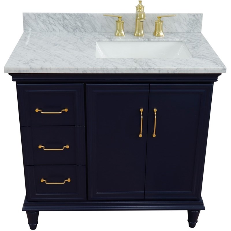 37 in. Single Wooden Vanity  Blue White Carrara Rectangle Right Door.Right Sink
