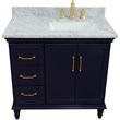 37 in. Single Wooden Vanity  Blue White Carrara Rectangle Right Door.Right Sink