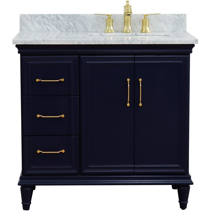 37 in. Single Wooden Vanity  Blue White Carrara Rectangle Right Door.Right Sink