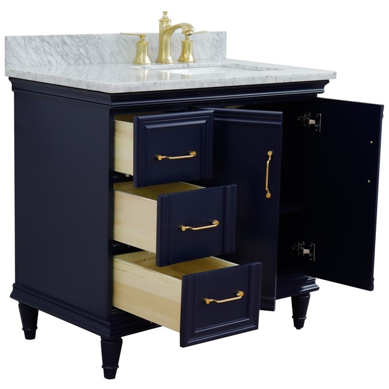37 in. Single Wooden Vanity  Blue White Carrara Rectangle Right Door.Right Sink