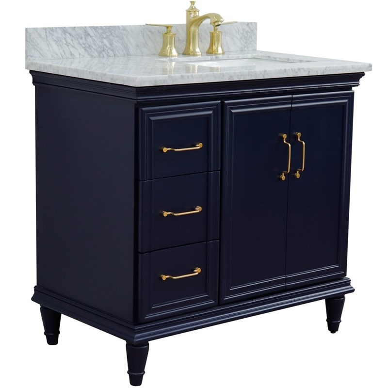 37 in. Single Wooden Vanity  Blue White Carrara Rectangle Right Door.Right Sink
