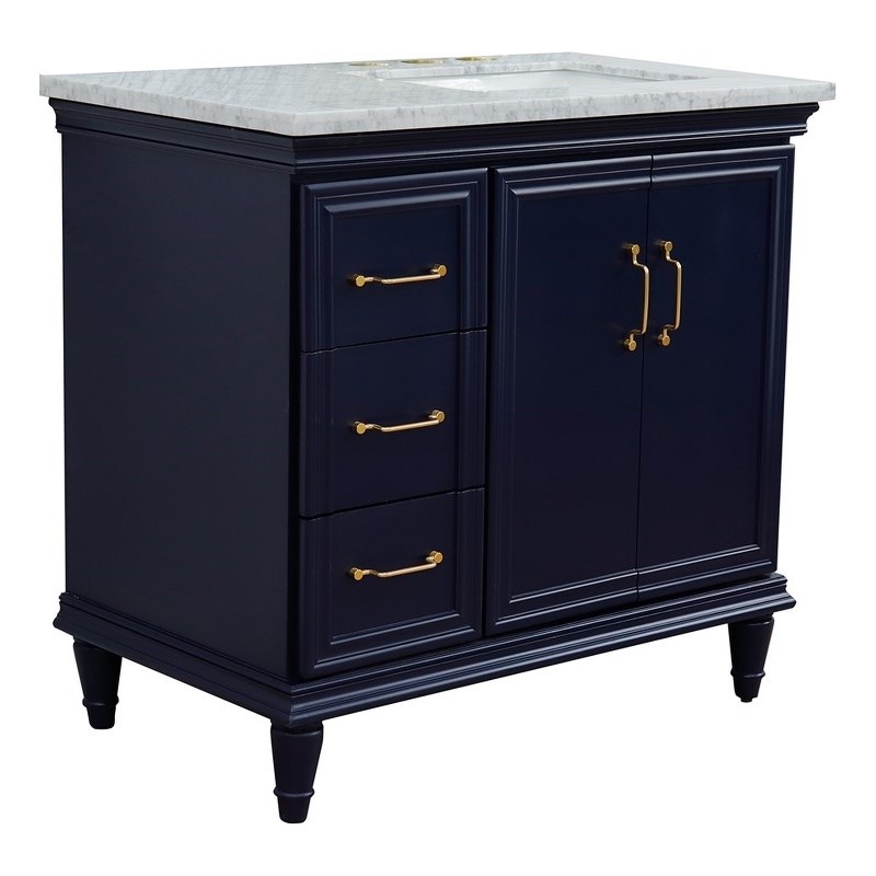 37 in. Single Wooden Vanity  Blue White Carrara Rectangle Right Door.Right Sink