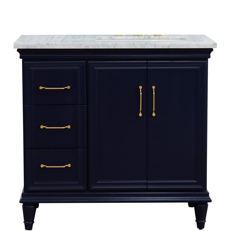 37 in. Single Wooden Vanity  Blue White Carrara Rectangle Right Door.Right Sink