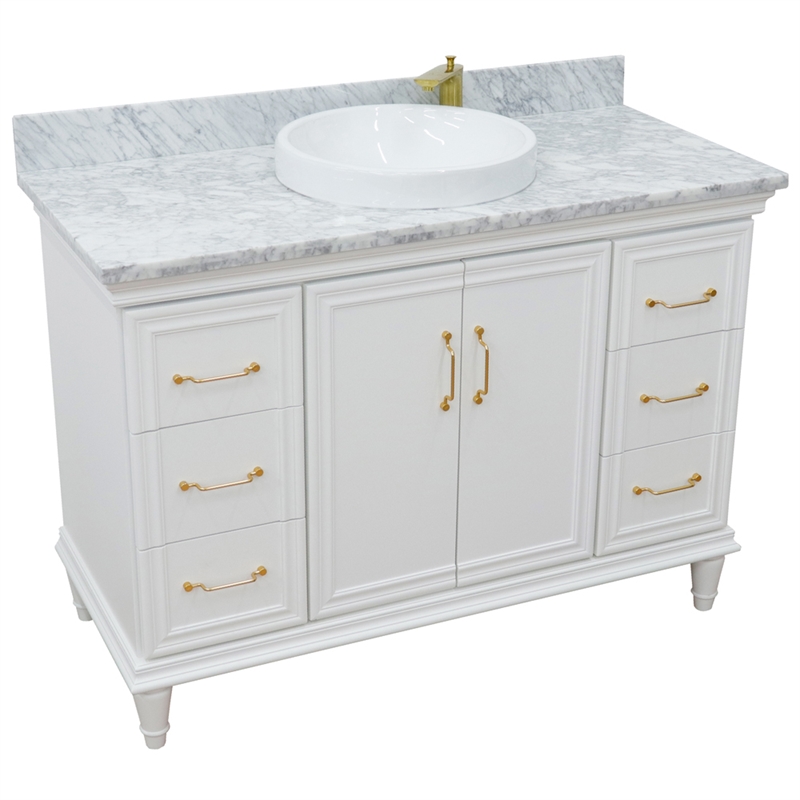 49 in. Single Wooden Vanity  White with White Carrara Marble Rectangle Sink