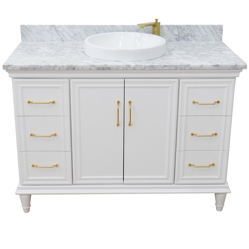 49 in. Single Wooden Vanity  White with White Carrara Marble Rectangle Sink
