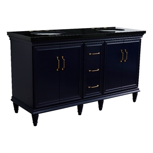 61 in. Double Wooden Vanity Blue Black Galaxy Granite Oval Sink