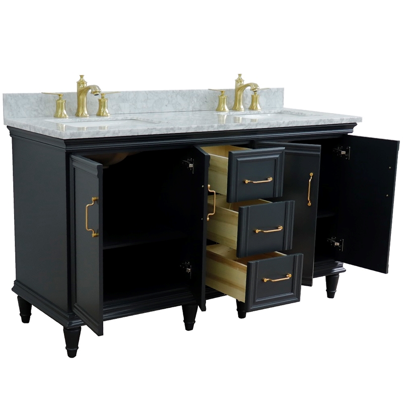 61 in. Double Wooden Vanity Dark Gray White Carrara Marble Rectangle Sink