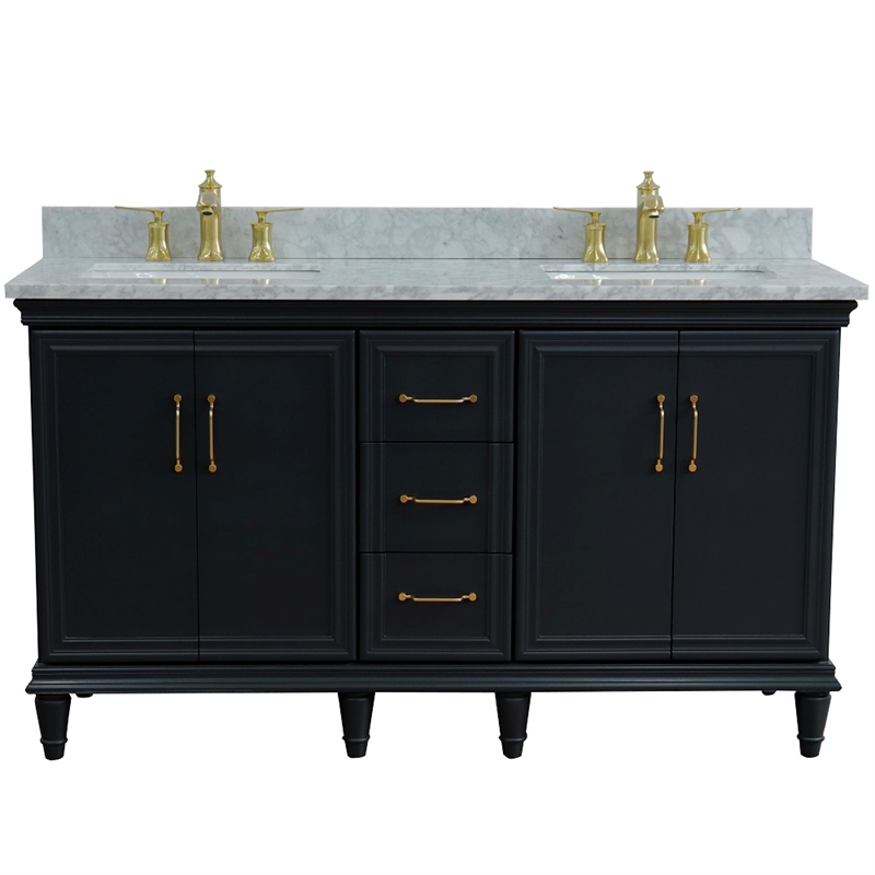 61 in. Double Wooden Vanity Dark Gray White Carrara Marble Rectangle Sink