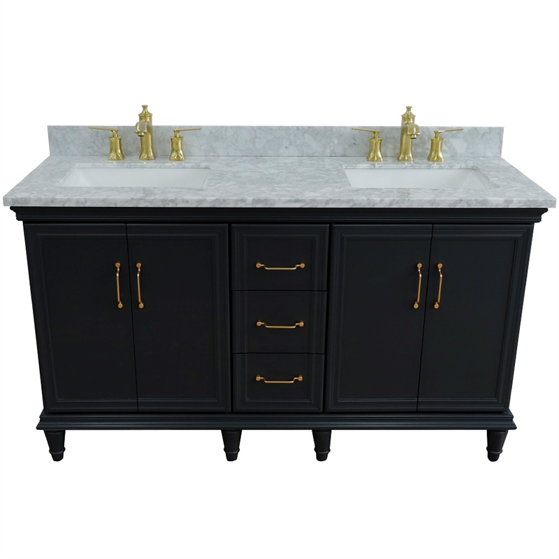 61 in. Double Wooden Vanity Dark Gray White Carrara Marble Rectangle Sink