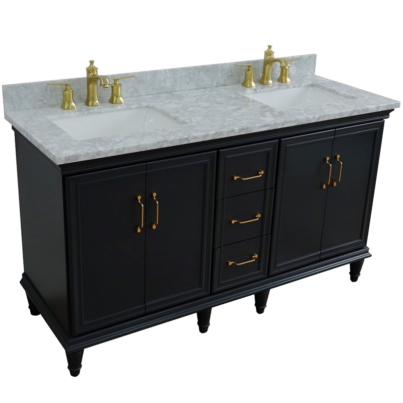 61 in. Double Wooden Vanity Dark Gray White Carrara Marble Rectangle Sink