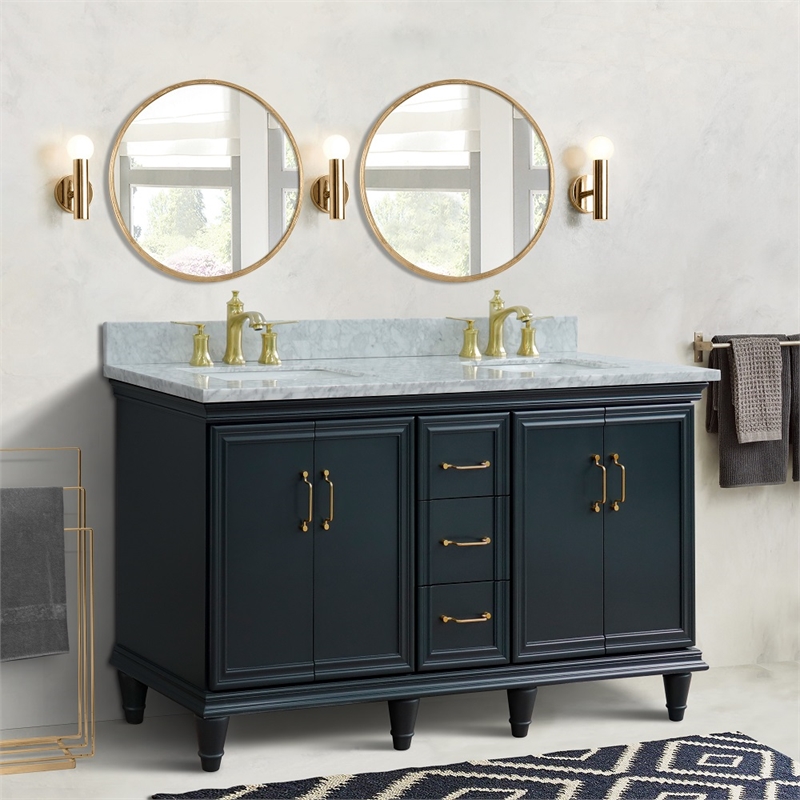 61 in. Double Wooden Vanity Dark Gray White Carrara Marble Rectangle Sink
