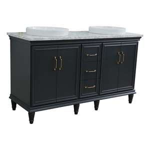 61 in. Double Wooden Vanity Dark Gray White Carrara Marble Round Sink