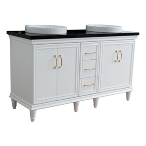 61 in. Double Wooden Vanity White Black Galaxy Granite Round Sink