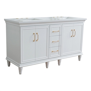61 in. Double Wooden Vanity White White Quartz Rectangle Sink