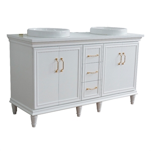 61 in. Double Wooden Vanity White White Quartz Round Sink