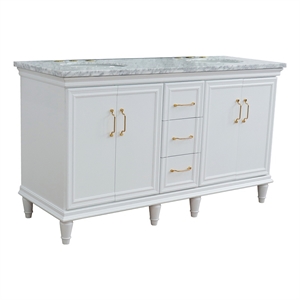 61 in. Double Wooden Vanity White White Carrara Marble Oval Sink