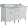 61 in. Double Wooden Vanity White White Carrara Marble Round Sink