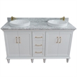 61 in. Double Wooden Vanity White White Carrara Marble Round Sink