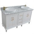 61 in. Double Wooden Vanity White White Carrara Marble Round Sink