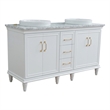 61 in. Double Wooden Vanity White White Carrara Marble Round Sink