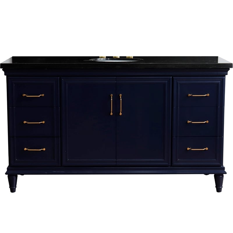 61 in. Single Wooden Vanity  Blue Black Galaxy Granite Oval Sink