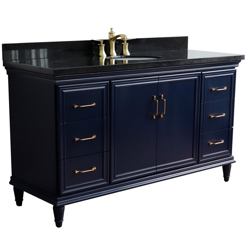 61 in. Single Wooden Vanity  Blue Black Galaxy Granite Oval Sink