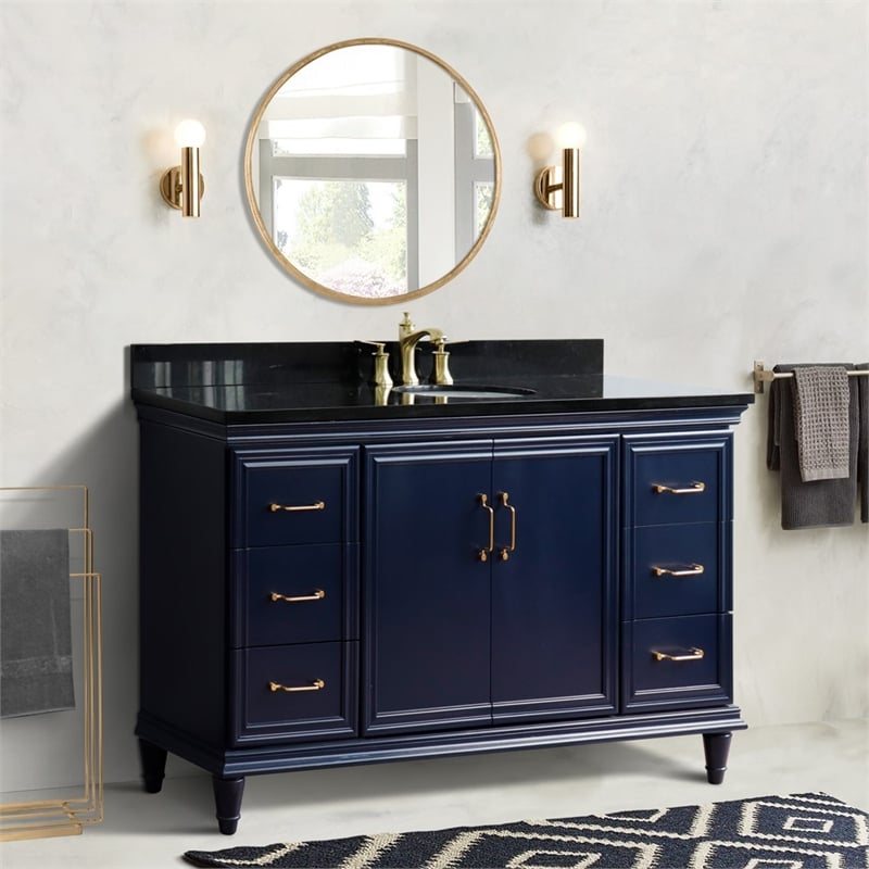 61 in. Single Wooden Vanity  Blue Black Galaxy Granite Oval Sink