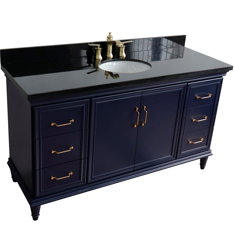 61 in. Single Wooden Vanity  Blue Black Galaxy Granite Oval Sink
