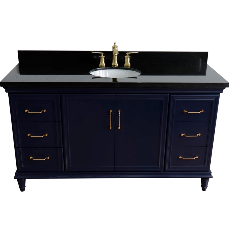 61 in. Single Wooden Vanity  Blue Black Galaxy Granite Oval Sink