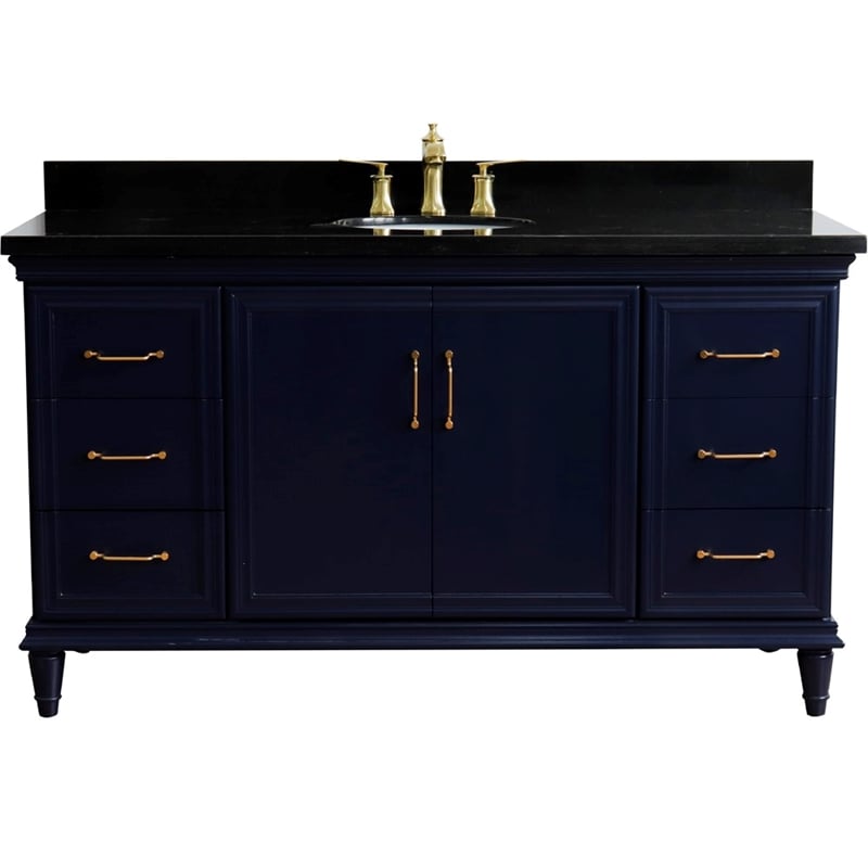 61 in. Single Wooden Vanity  Blue Black Galaxy Granite Oval Sink