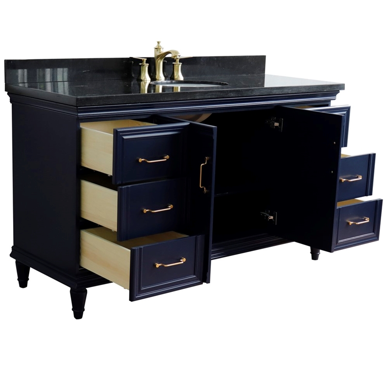 61 in. Single Wooden Vanity  Blue Black Galaxy Granite Oval Sink