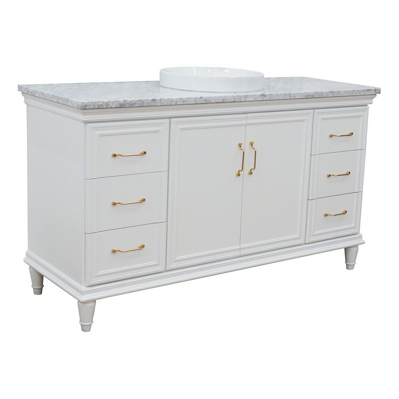61 in. Single Wooden Vanity  White with White Carrara Round Sink