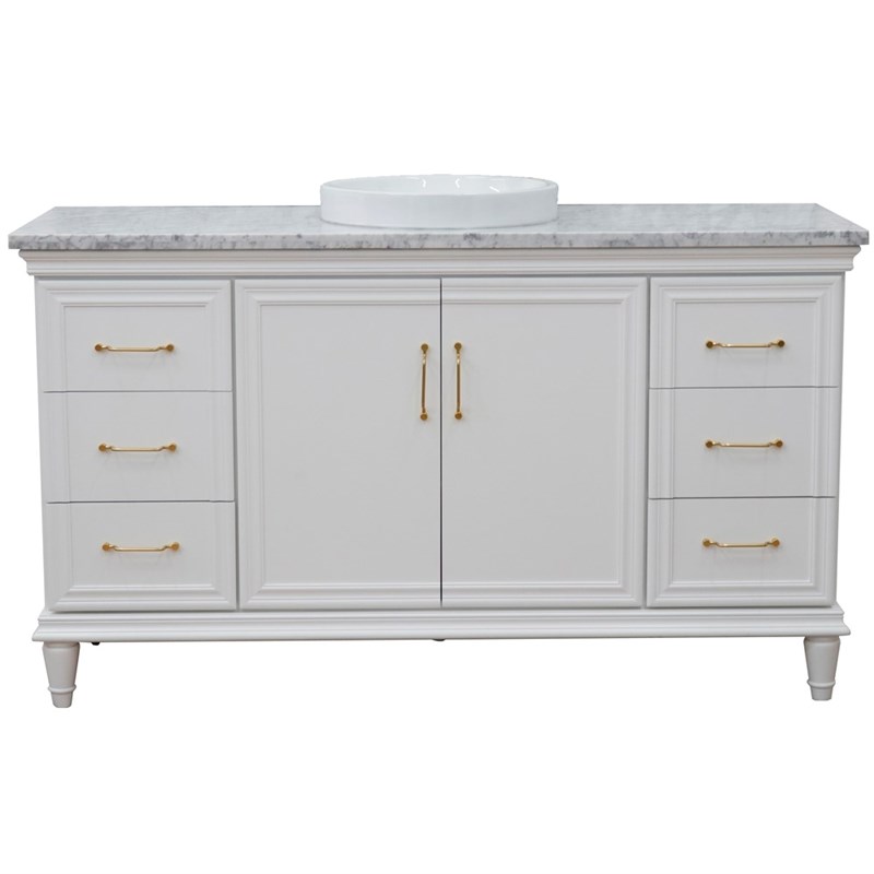61 in. Single Wooden Vanity  White with White Carrara Round Sink