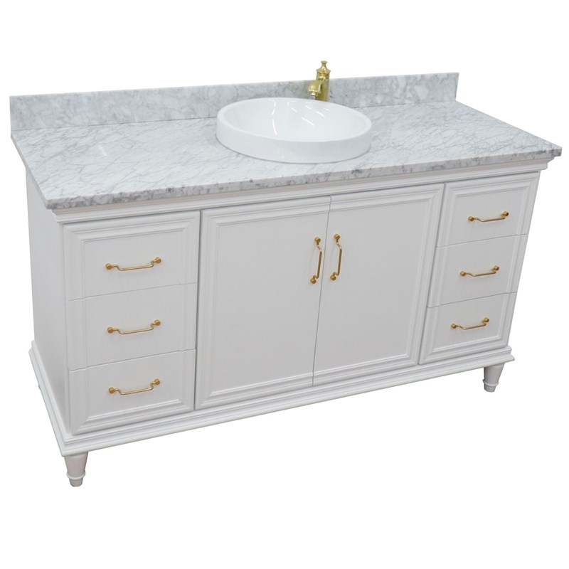 61 in. Single Wooden Vanity  White with White Carrara Round Sink