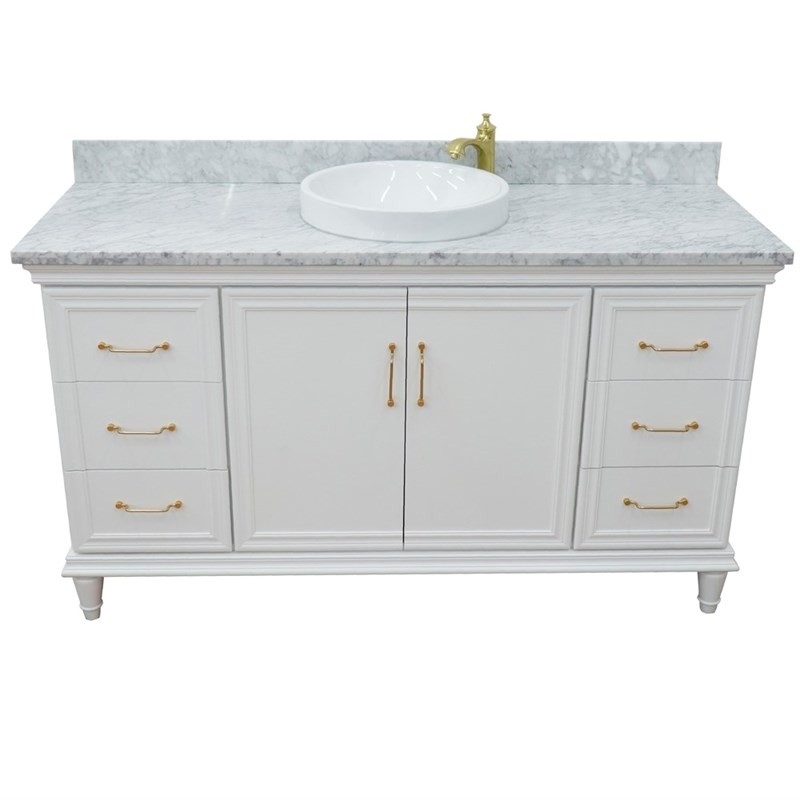 61 in. Single Wooden Vanity  White with White Carrara Round Sink