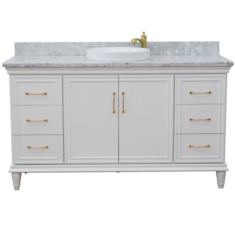 61 in. Single Wooden Vanity  White with White Carrara Round Sink